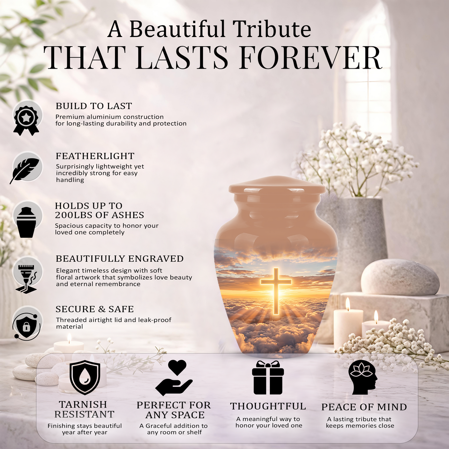 Christian Cross in Sky Cremation Urn - Beautiful Artistic Burial Urns For Ashes