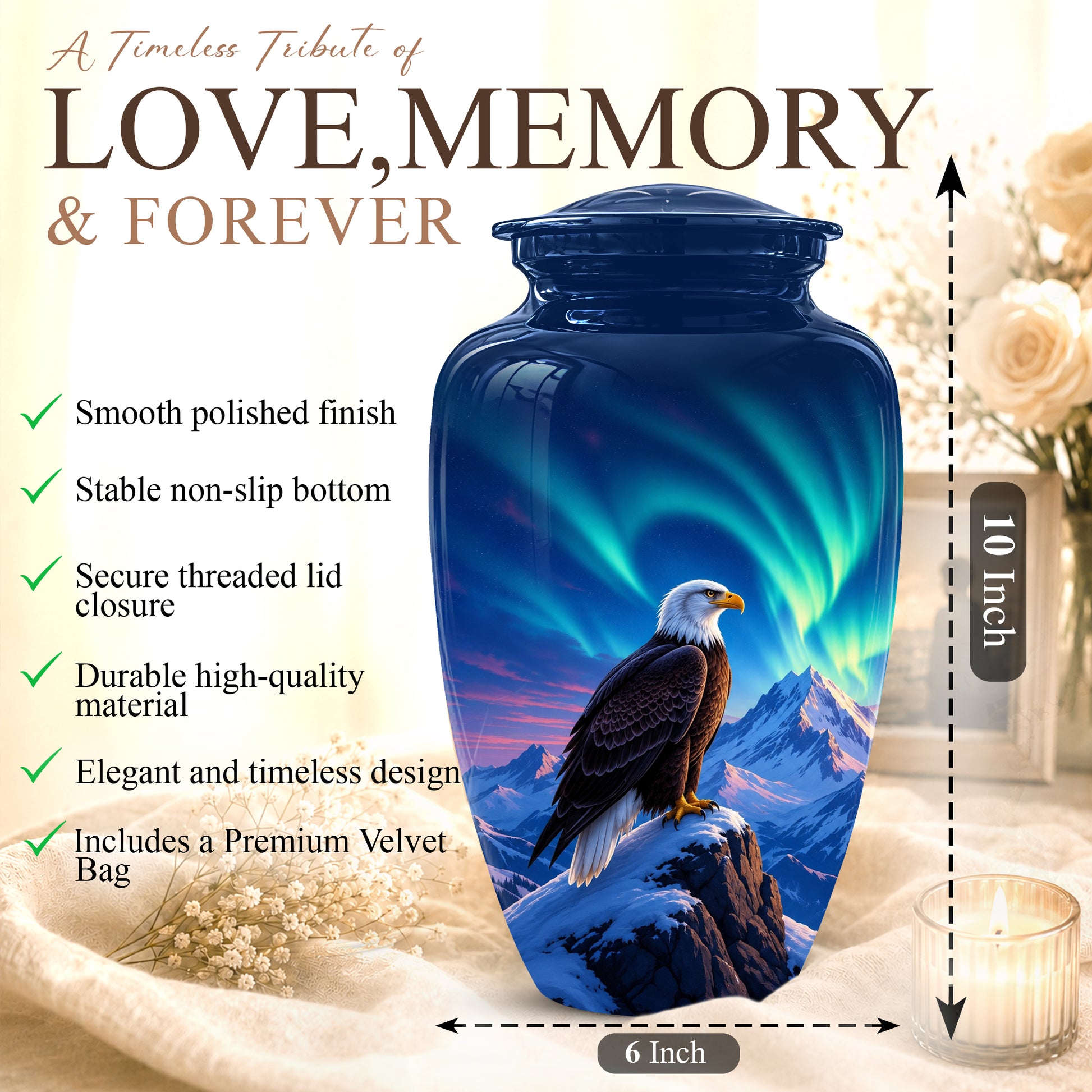 Personalized Bald Eagle Cremation Urn - Northern Lights Memorial Urns For Ashes