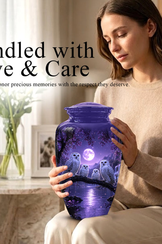 Snowy Owl Family Themed Cremation Urn - Purple Moonlight Memorial Urns