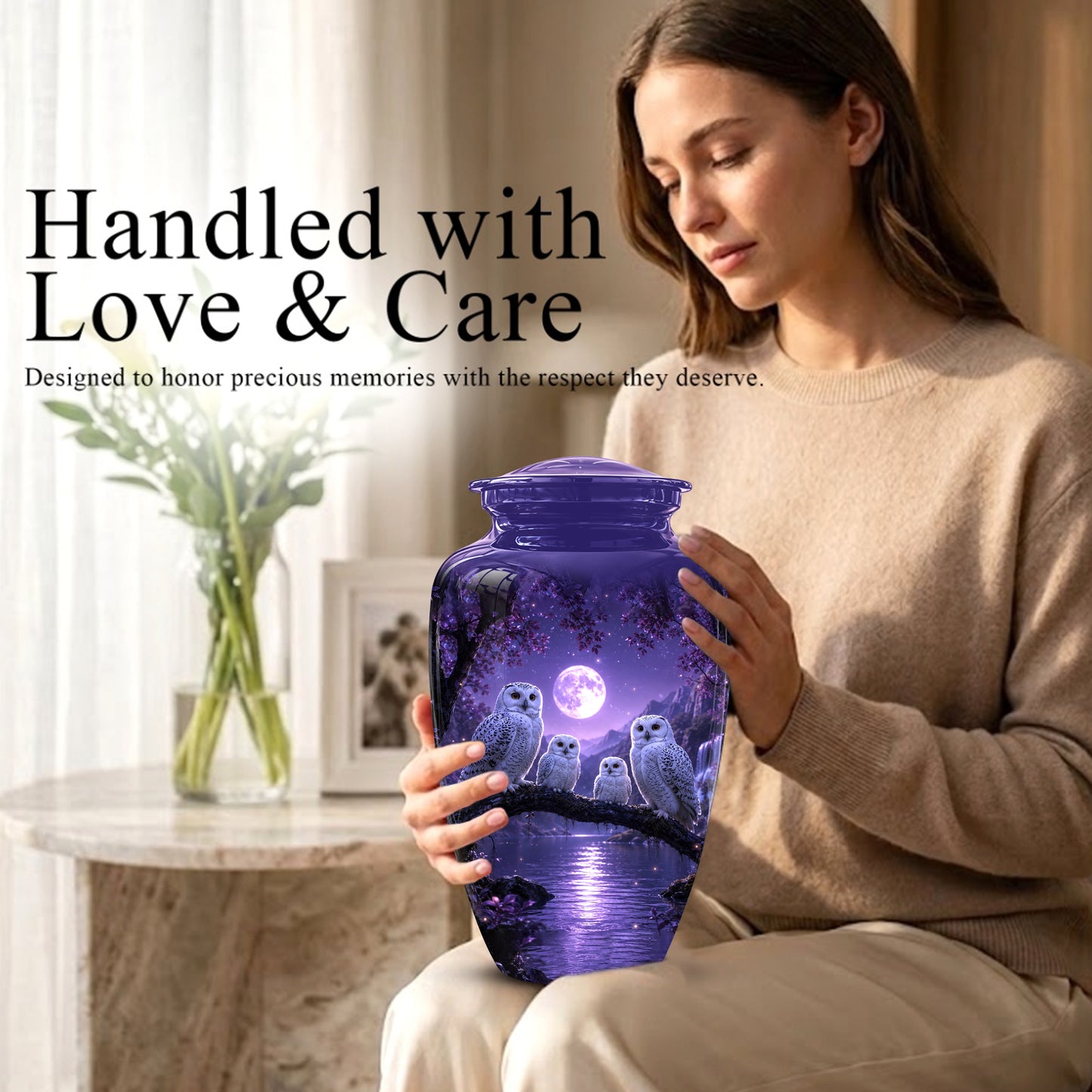 Snowy Owl Family Themed Cremation Urn - Purple Moonlight Memorial Urns