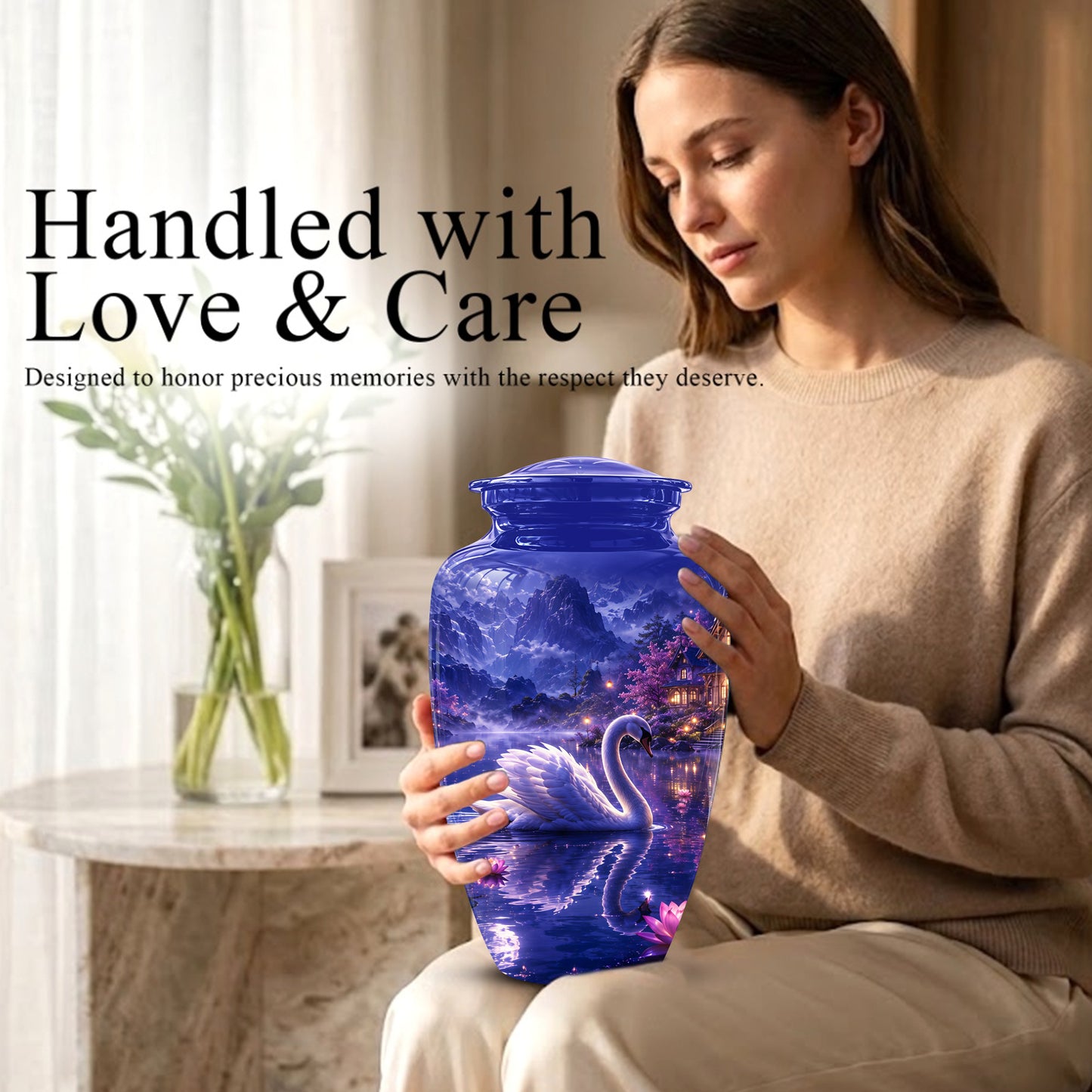 White Swan Cremation Urn - Night Landscape Funeral Urns For Human Ashes