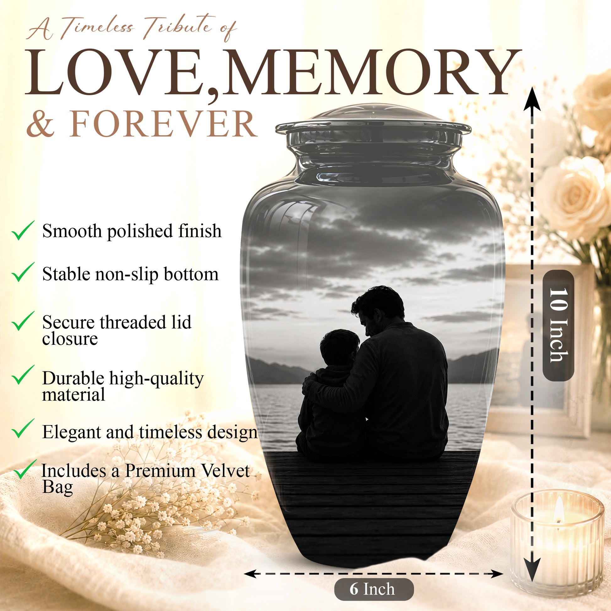 Handcrafted Father Memorial Urn - Black Personalized Urn For Dad Ashes