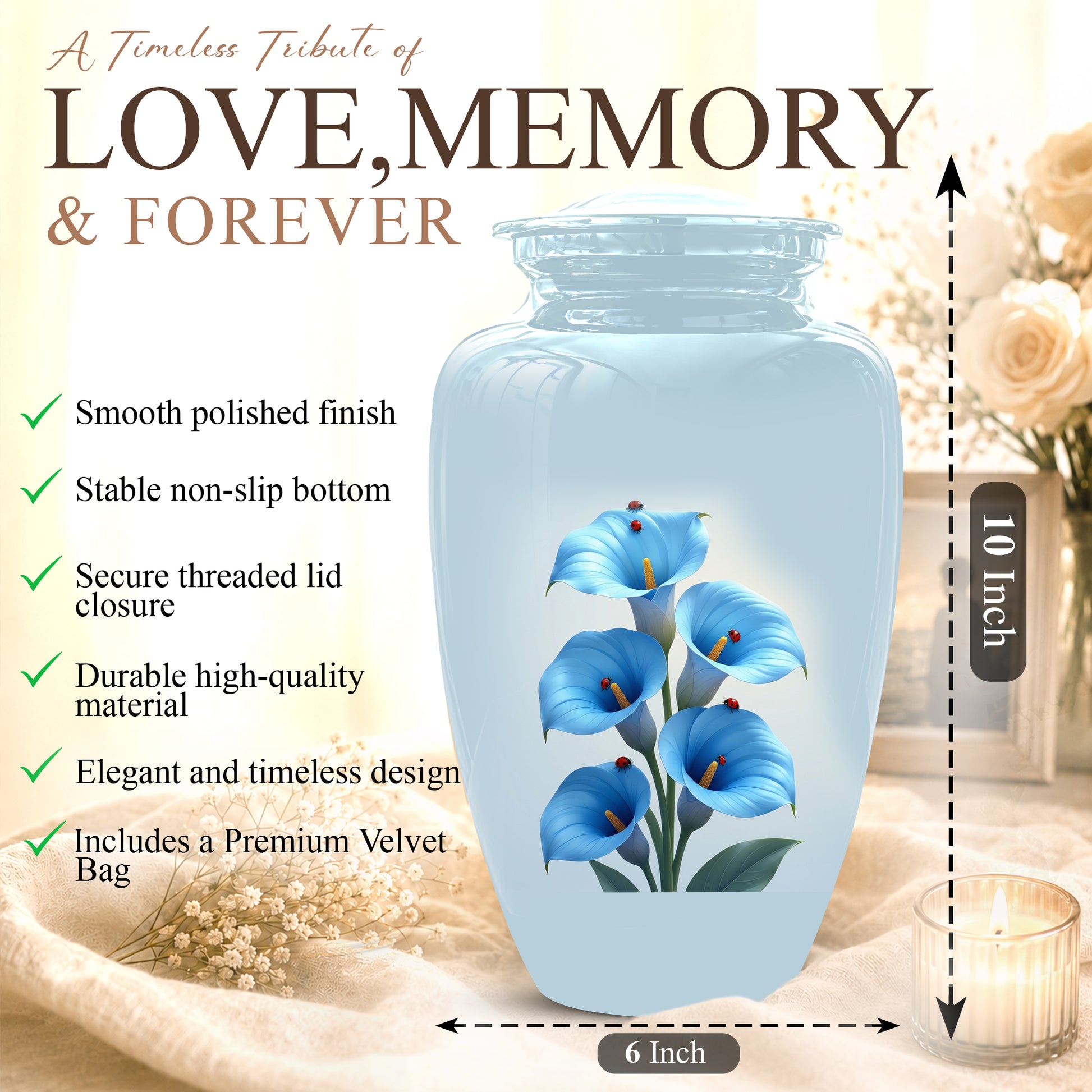 Personalized Blue Orchid Cremation Urn - Beautiful Urns For Women Ashes
