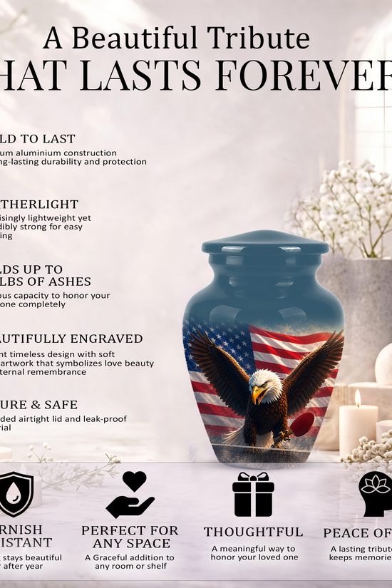 Flying Eagle With American Flag Urn - Patriotic Funeral Memorial Urns