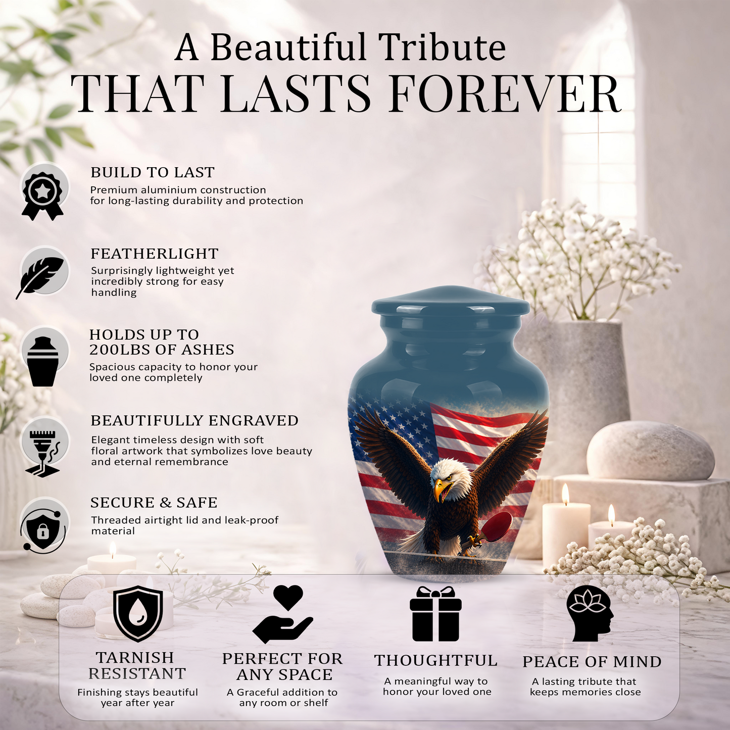 Flying Eagle With American Flag Urn - Patriotic Funeral Memorial Urns