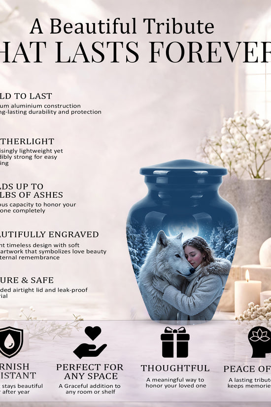 Moonlit White Wolf Cremation Urn for Ashes | Personalized Memorial