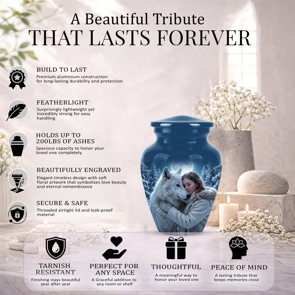 Moonlit White Wolf Cremation Urn for Ashes | Personalized Memorial