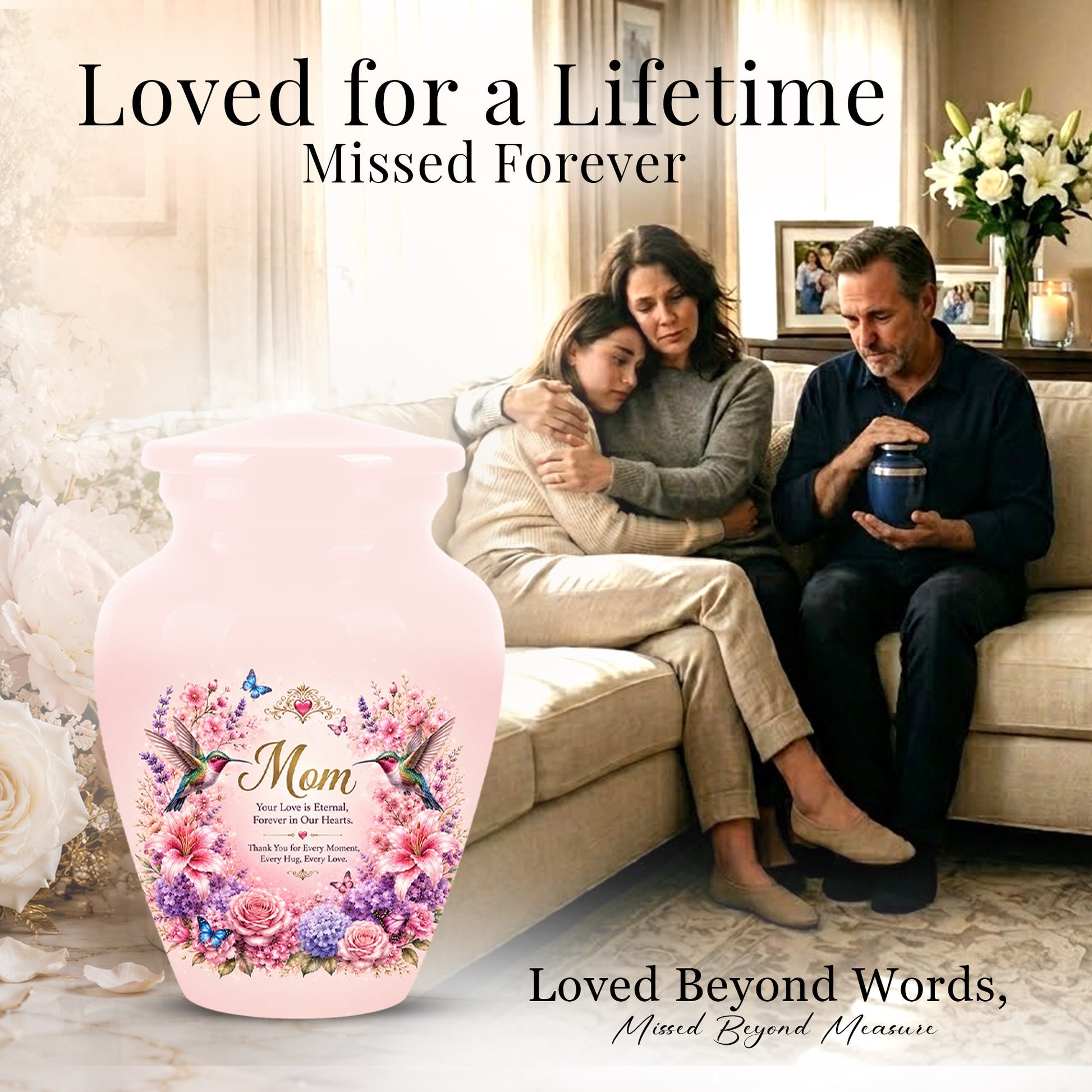 Hummingbird Floral Memorial Urn for Mother – Pink Aluminium Cremation Urn for Loved ones