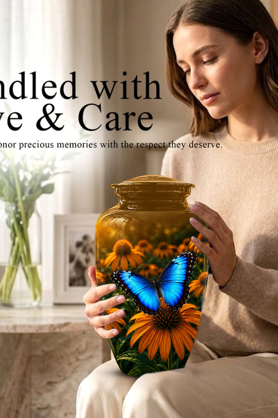 Blue Butterfly On Flower Cremation Urn - Personalized Urns For Mom Ashes