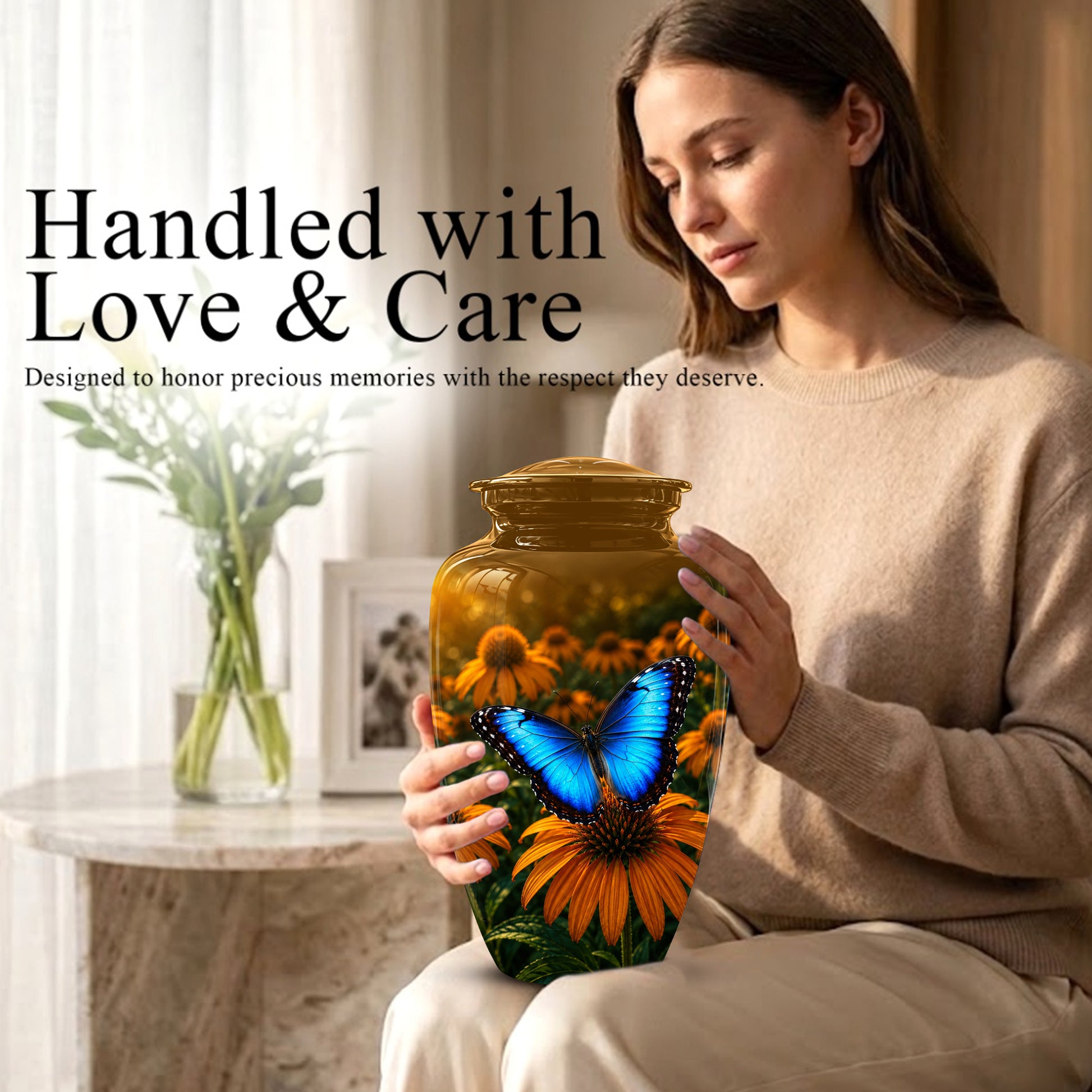 Blue Butterfly On Flower Cremation Urn - Personalized Urns For Mom Ashes