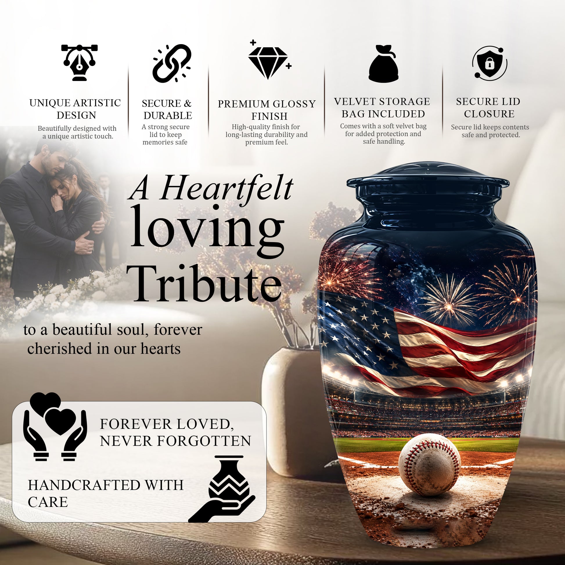Patriotic Baseball Cremation Urn - Personalized Memorial Urns For Athletes