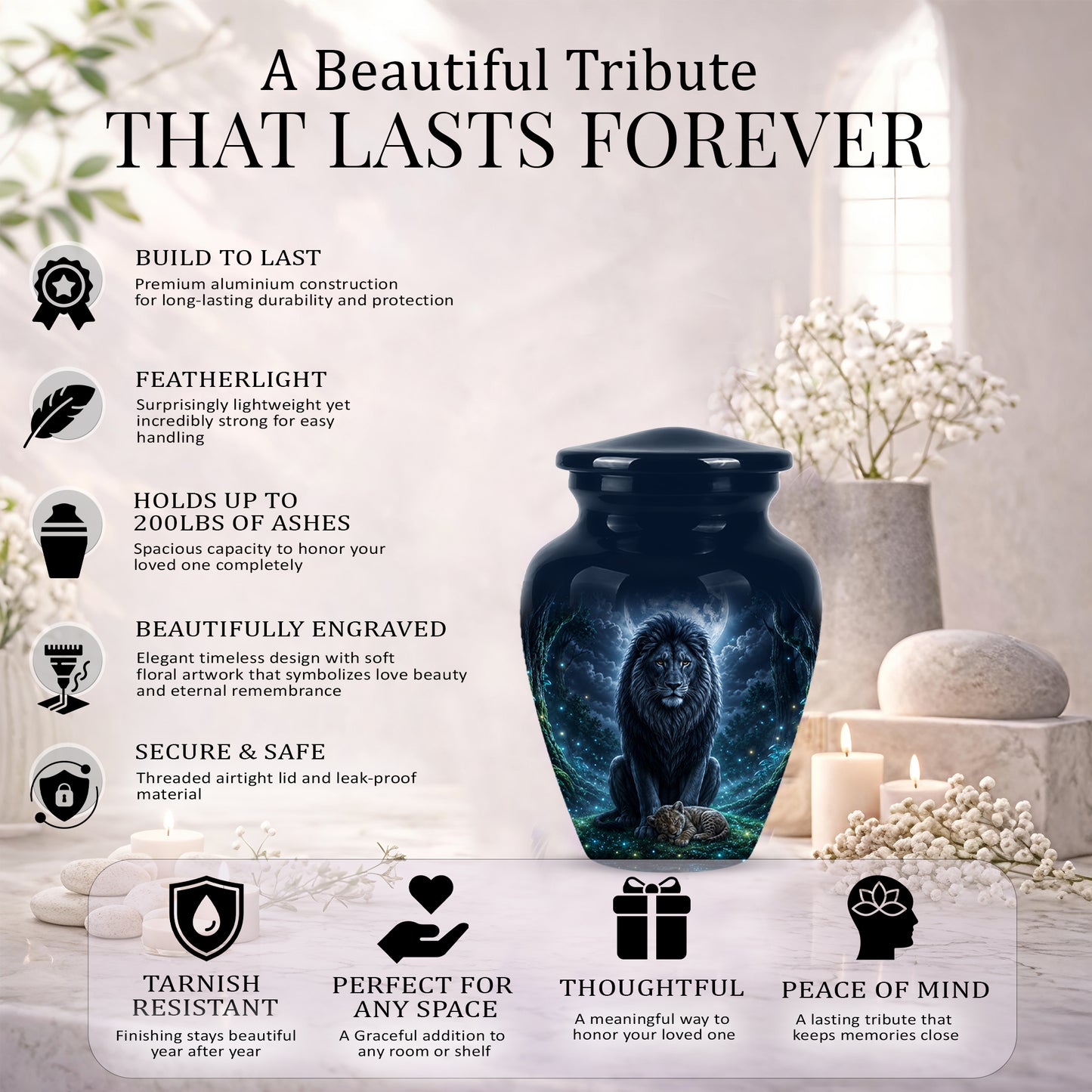 Lion And Moon Memorial Urn - Lion Adult Male Funeral Urns For Ashes