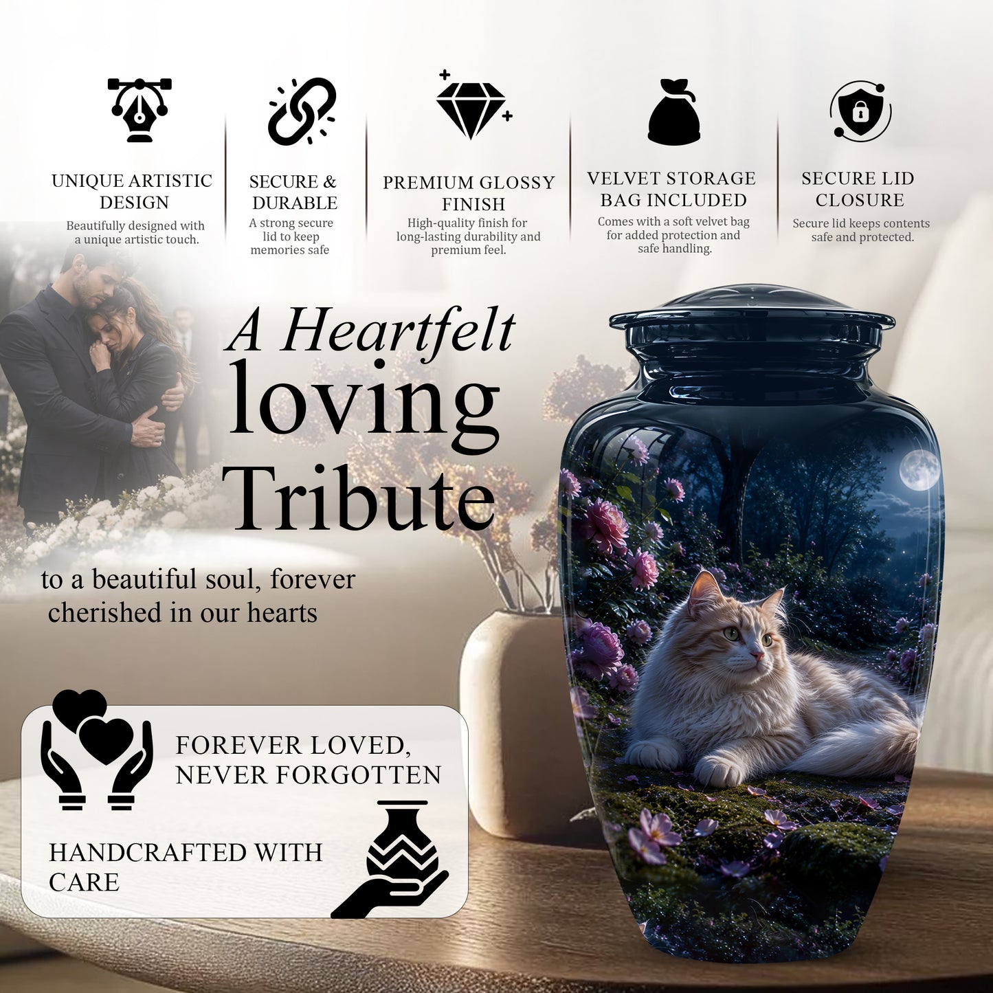 White Cat Memorial Urn - Beautiful Eternal Rest Urns For Pet Ashes