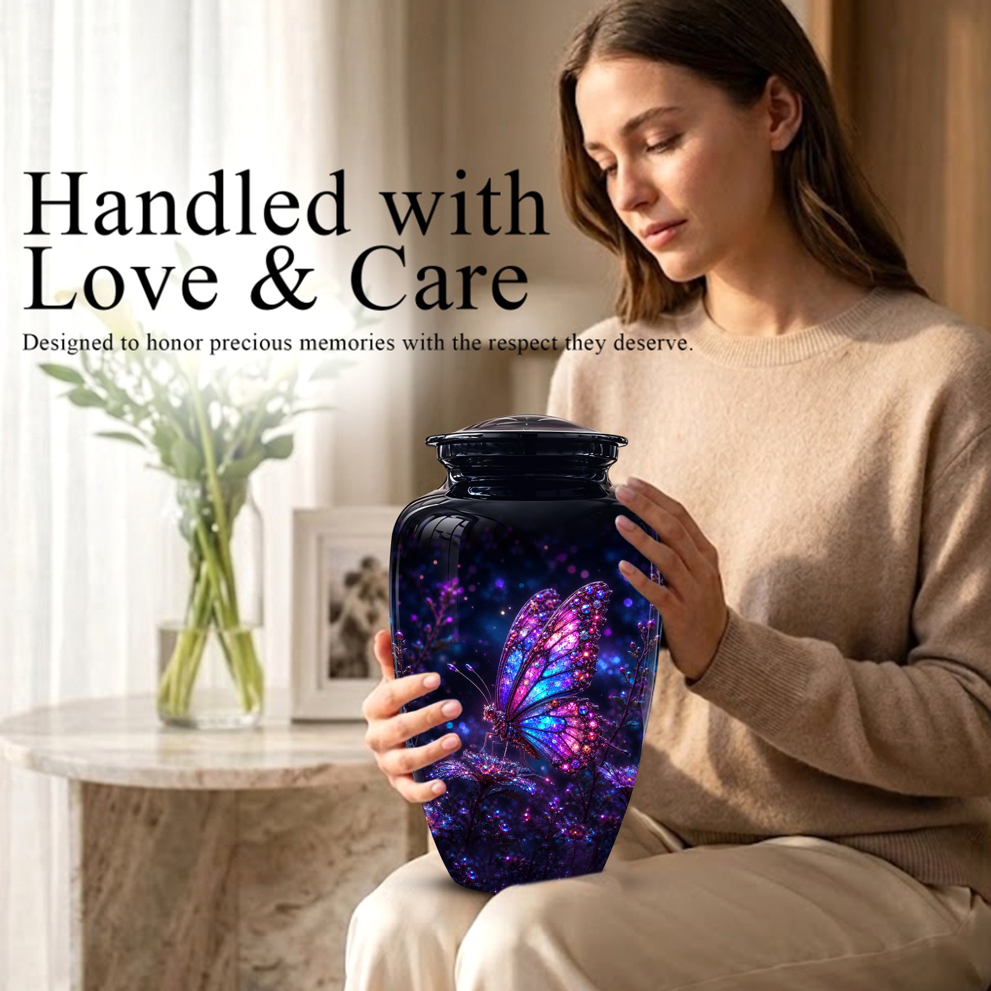 Glowing Purple Butterfly Cremation Urn - Custom Urns For Women Ashes