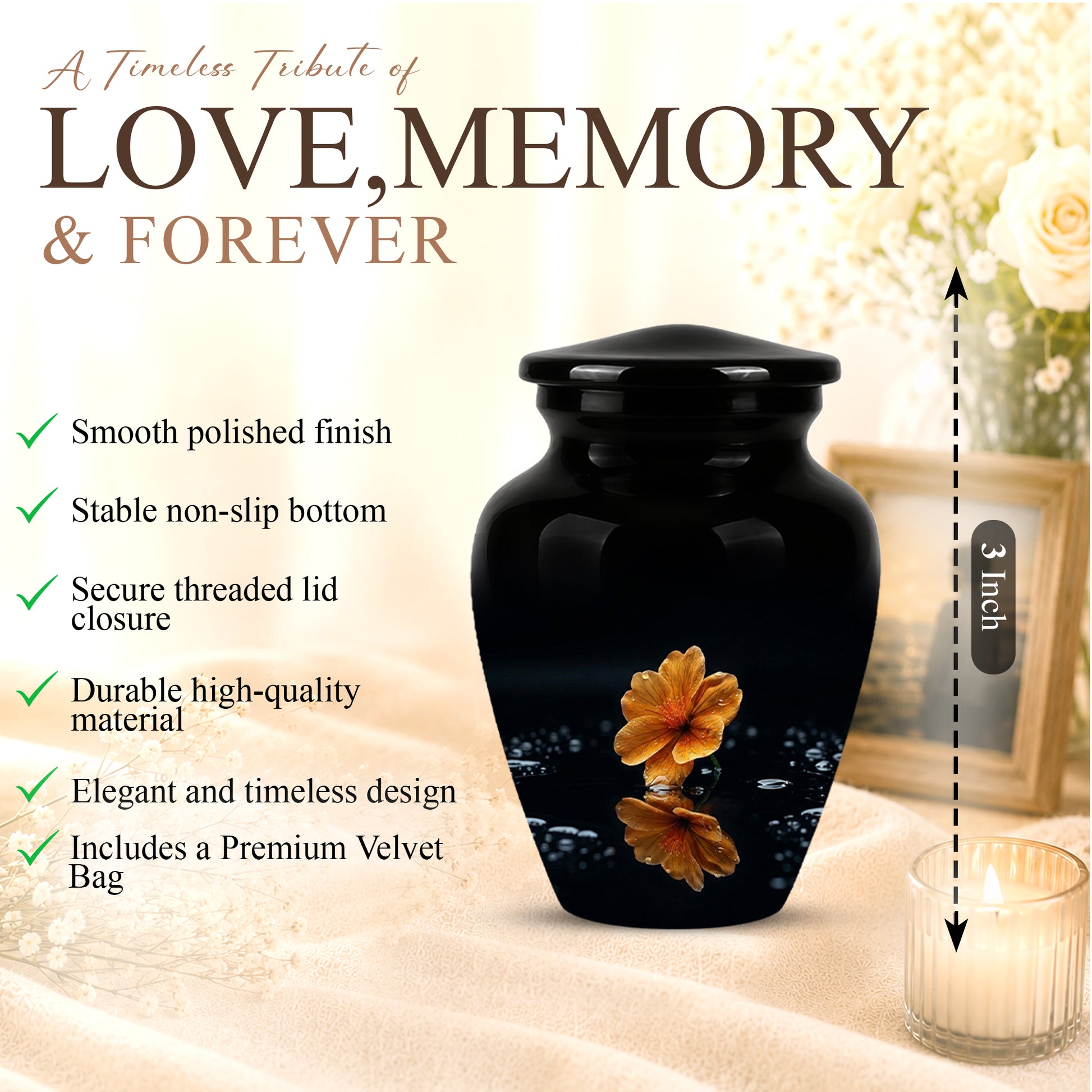 Decorative Yellow Flower Themed Urn - Decorative Black Urns For Ashes