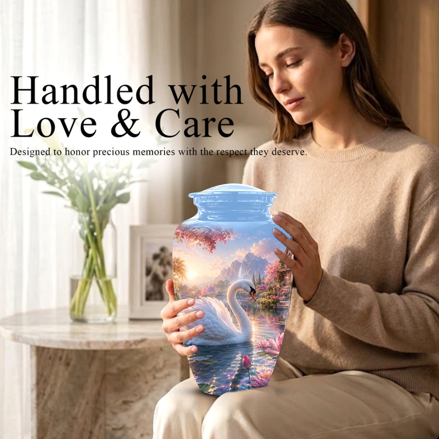 White Swan Themed Urn - Beautiful Custom Memorial Urns For Men & Women