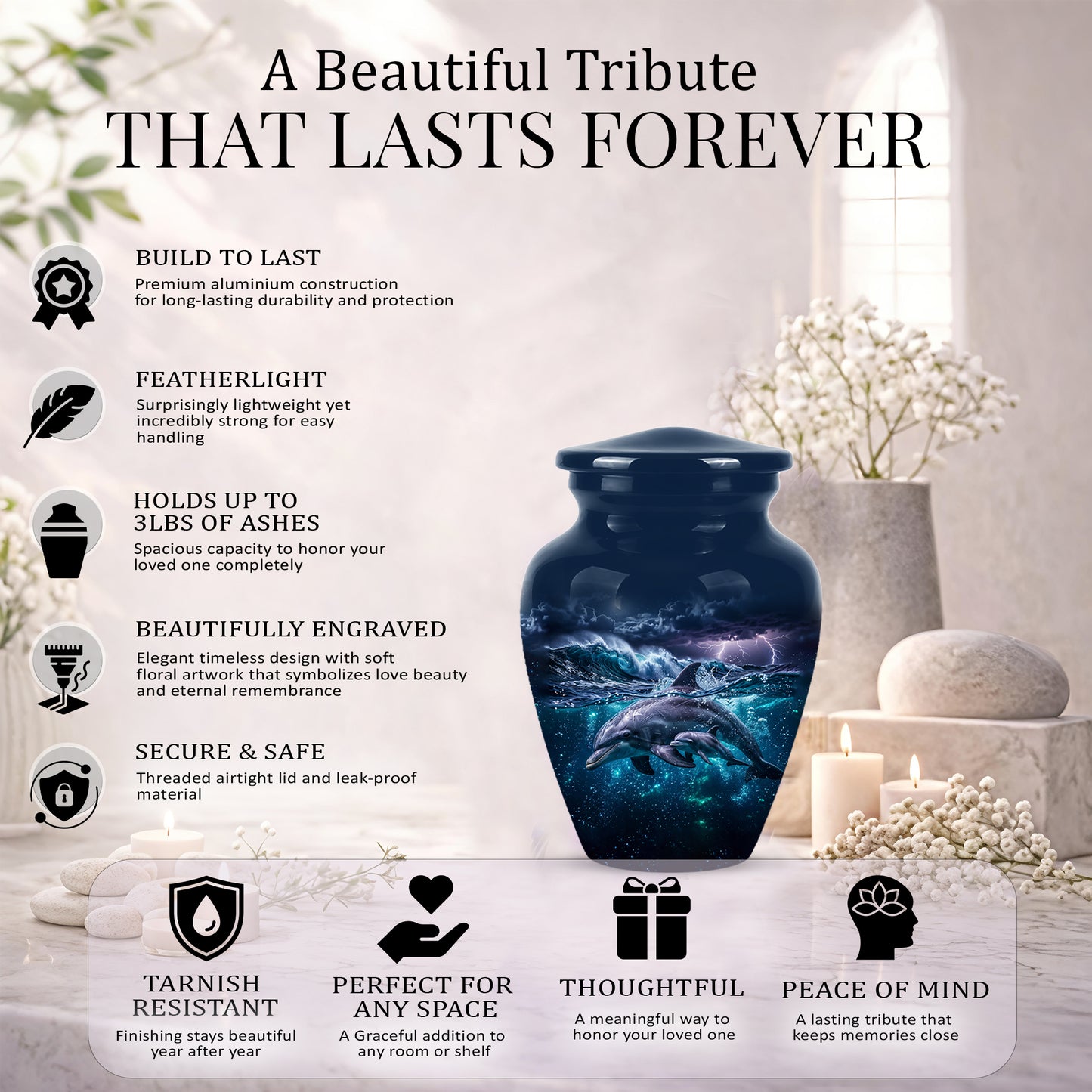 Dolphin Cremation Urn for Ashes –  Beautiful Ocean Storm Memorial Art