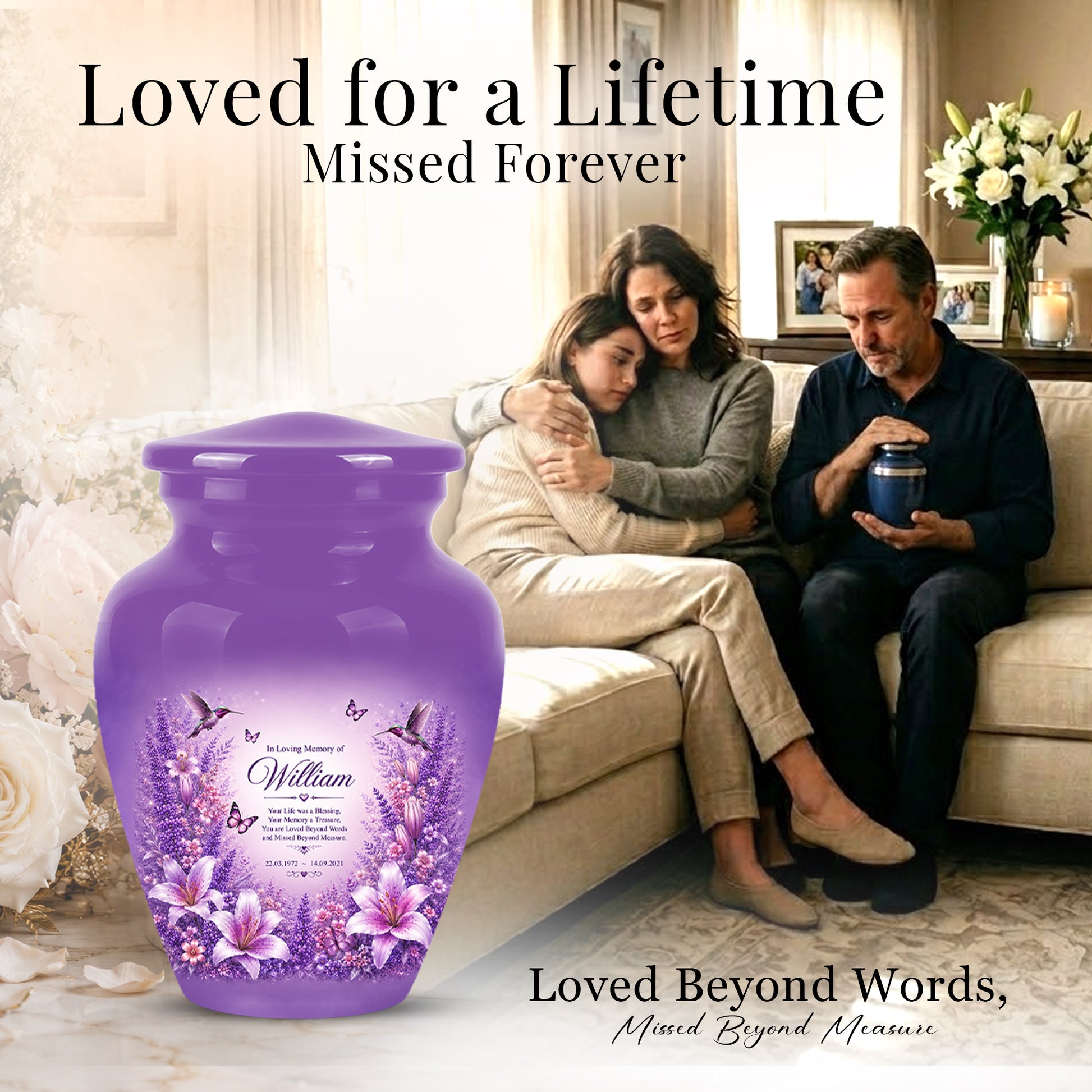 Lavender Hummingbird Urn – Purple Floral Urn for Human Ashes