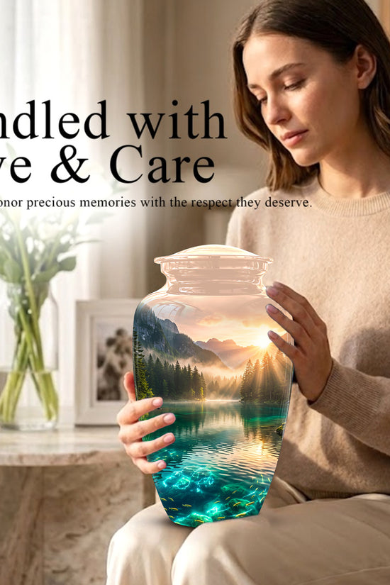 Serene Mountain Lake Cremation Urn- Custom Memorial Art Urns For Ashes