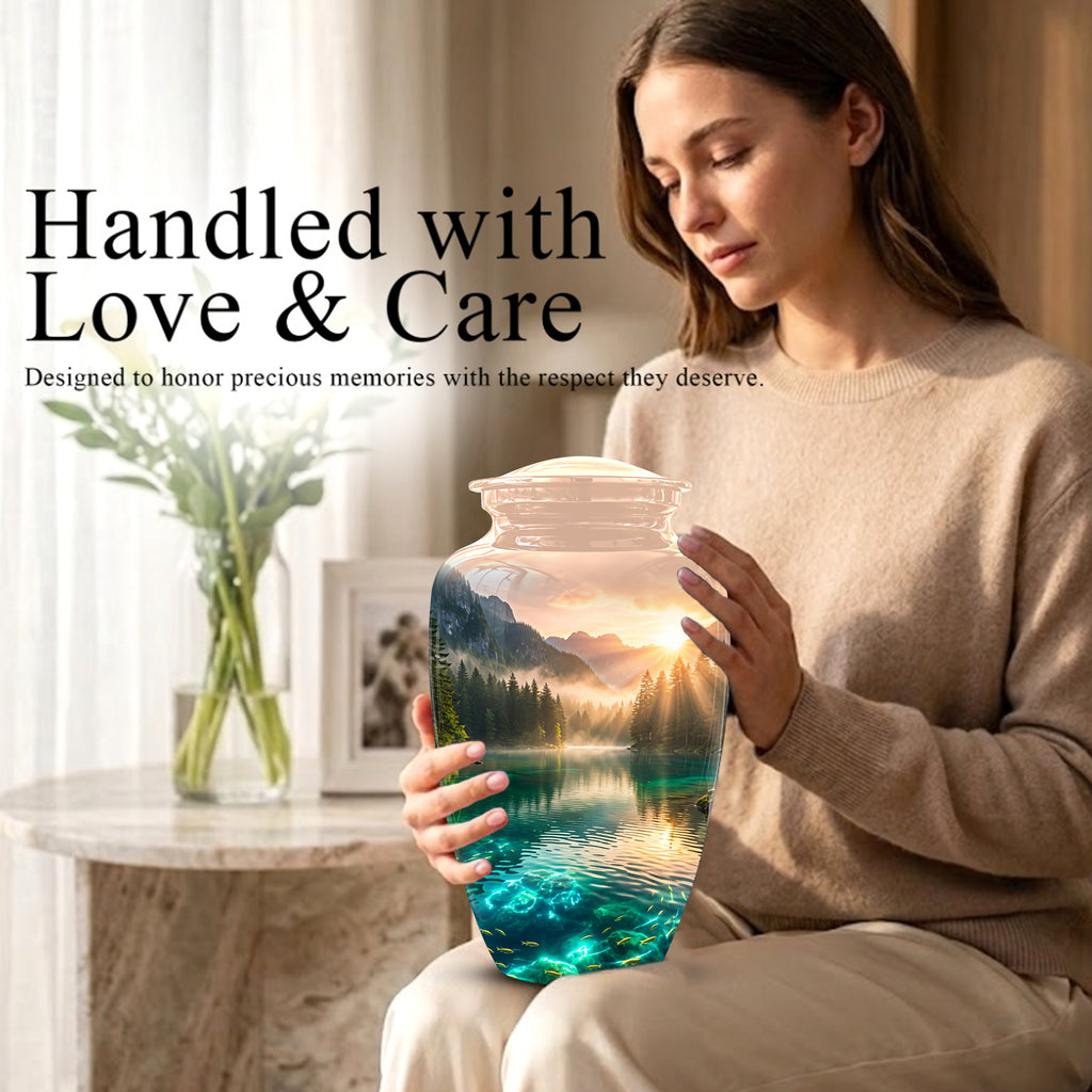 Serene Mountain Lake Cremation Urn- Custom Memorial Art Urns For Ashes