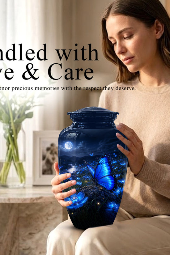 Personalized Blue Butterfly Cremation Urn - Handcrafted Urns For Women