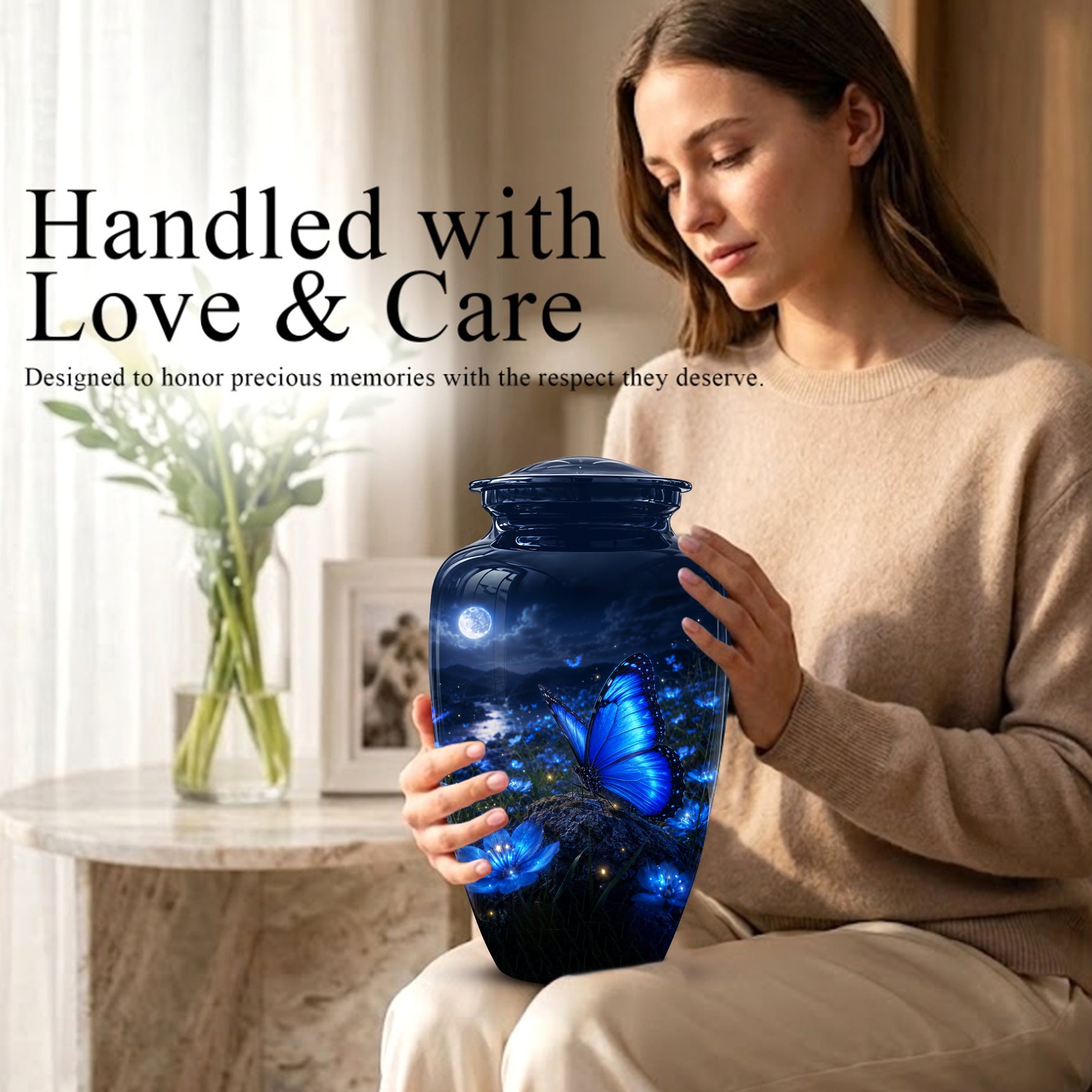 Personalized Blue Butterfly Cremation Urn - Handcrafted Urns For Women