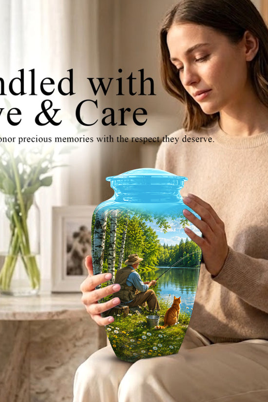 Fisherman With Cat - Artistic Fishing Memorial Urns For Men & Women