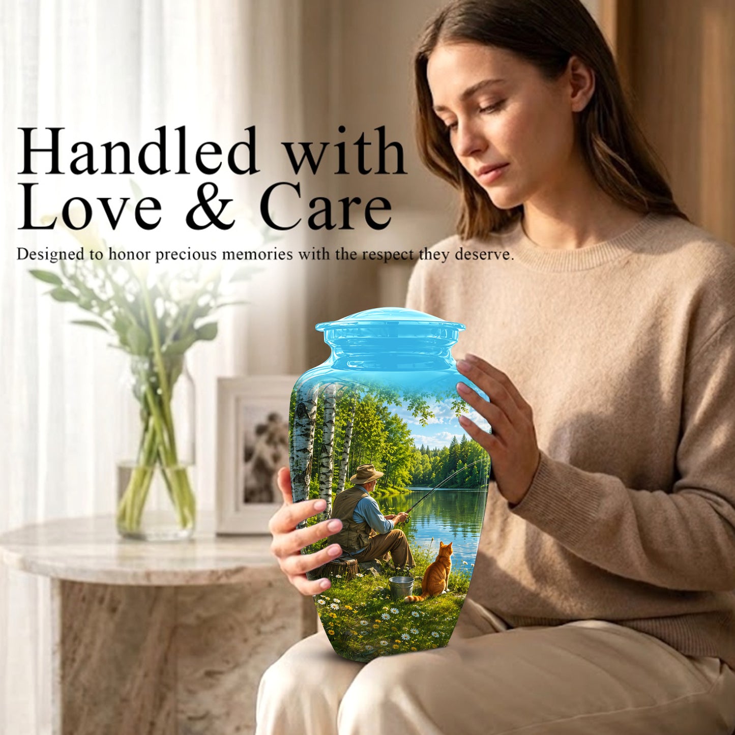 Fisherman With Cat - Artistic Fishing Memorial Urns For Men & Women