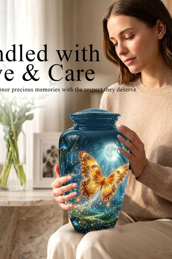 Glowing Yellow Butterfly Themed Urn - Moonlight Memorial Urns For Ashes
