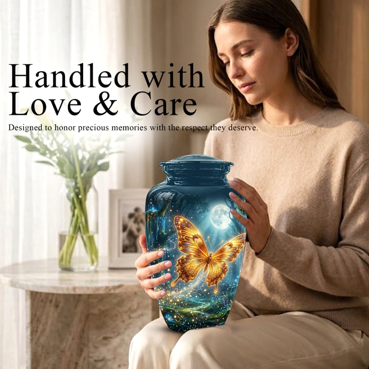 Glowing Yellow Butterfly Themed Urn - Moonlight Memorial Urns For Ashes