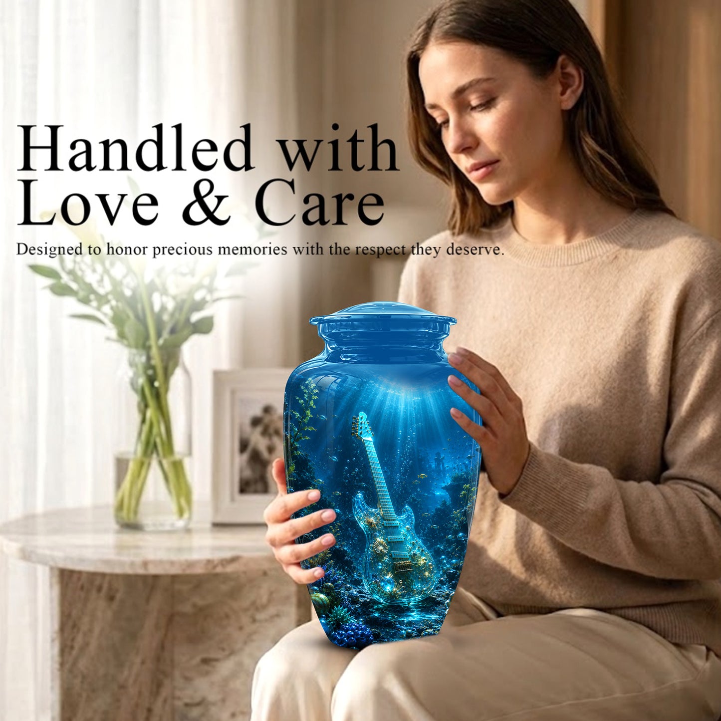 Underwater Guitar Themed Urn -Peaceful Memorial Tribute Urns For Ashes