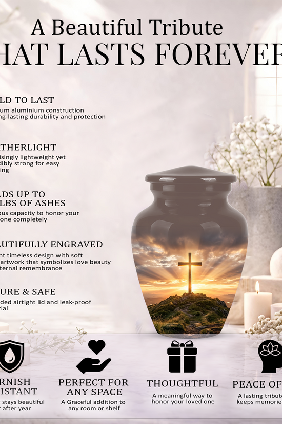 Christian Cross Cremation Urn - Sunrise Scenic Burial Urns For Human Ashes