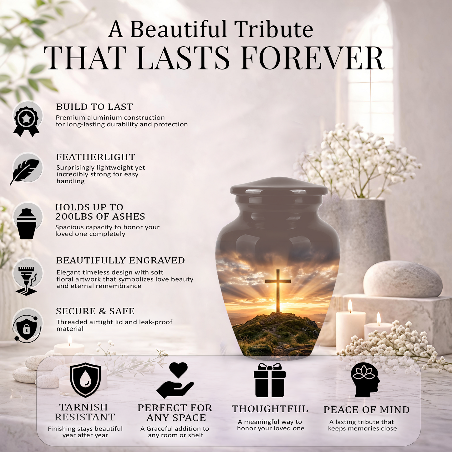 Christian Cross Cremation Urn - Sunrise Scenic Burial Urns For Human Ashes