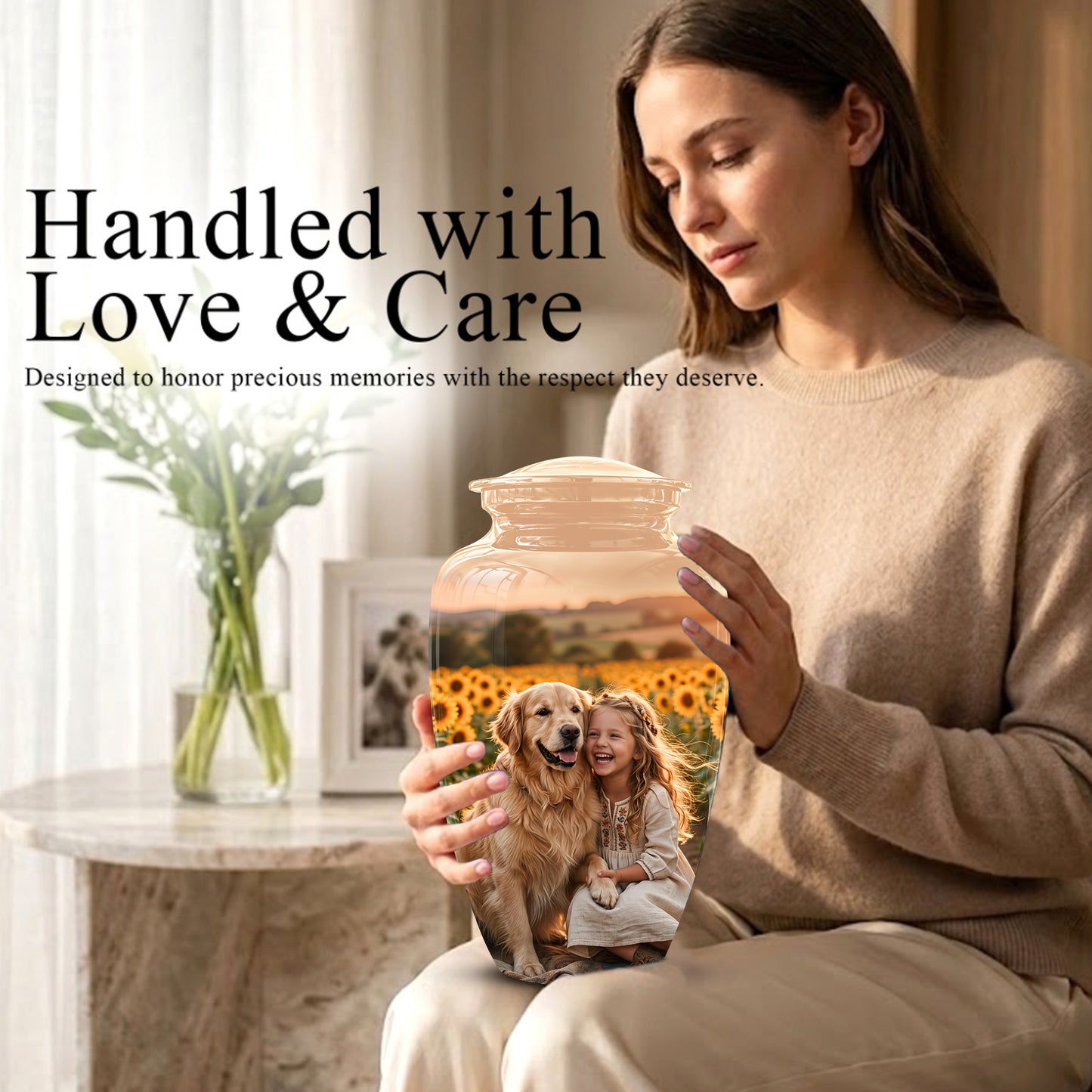 Golden Retriever With Girl - Beautifully Handcrafted Urns For Pet Ashes