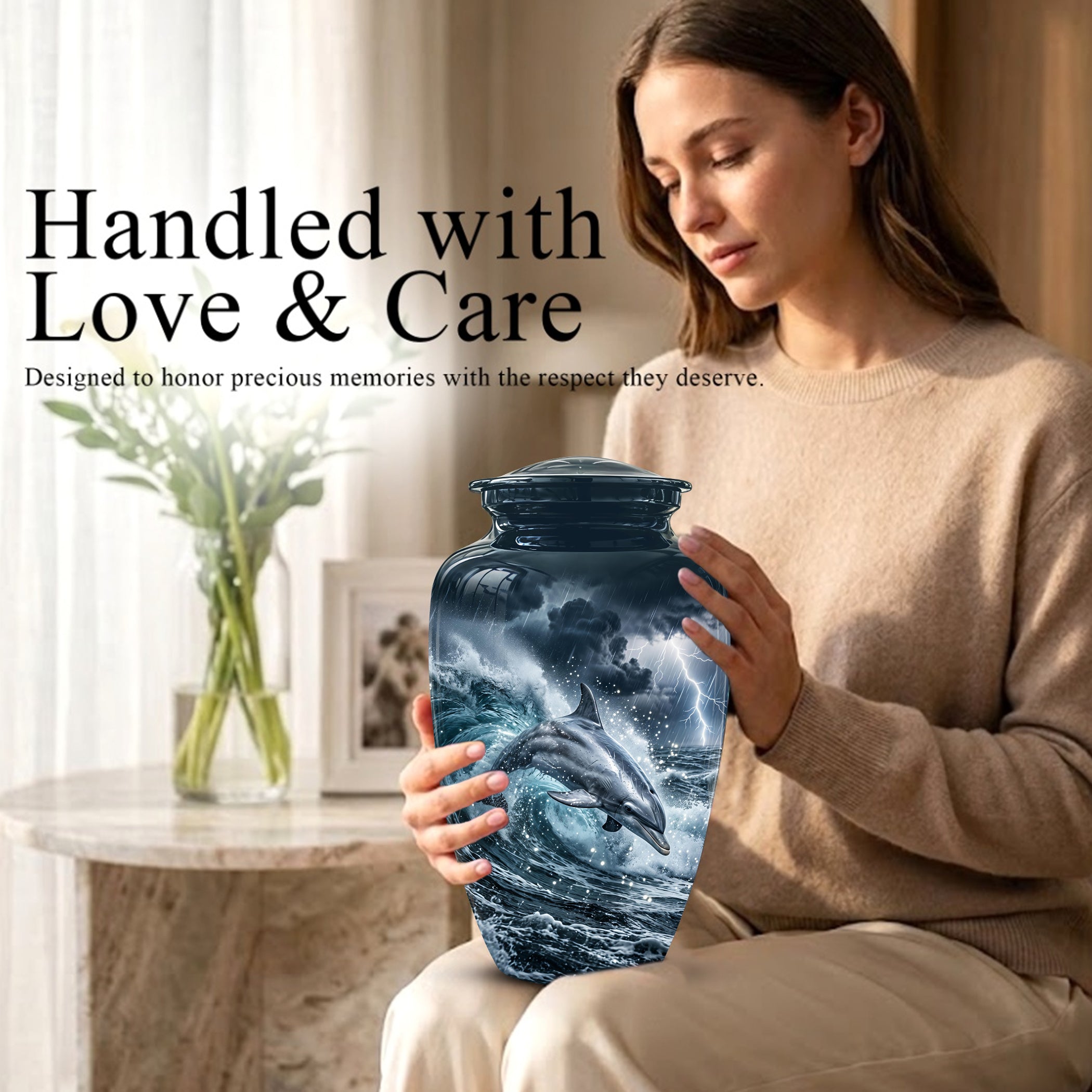 Black Dolphin In Storm Rain - Personalized Funeral Urns For Warriors