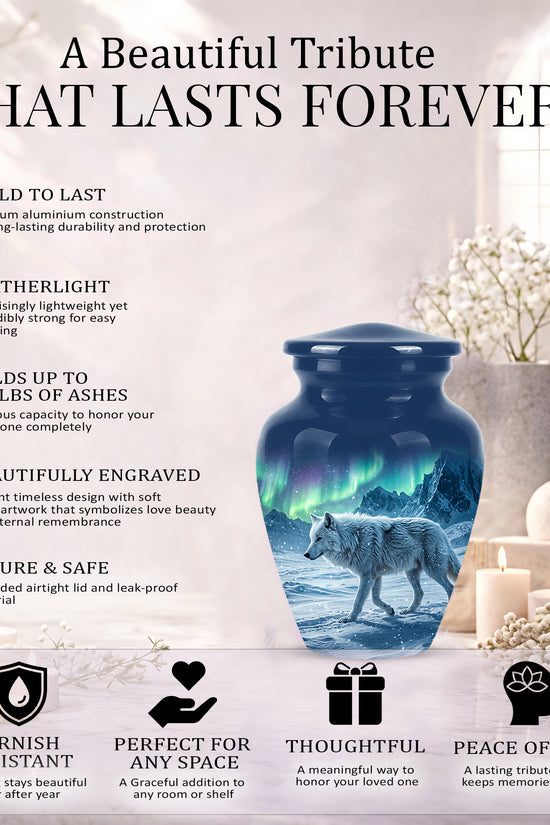 Snowy Wolf Cremation Urn - Northern Light Memorial Urn For Human Ashes