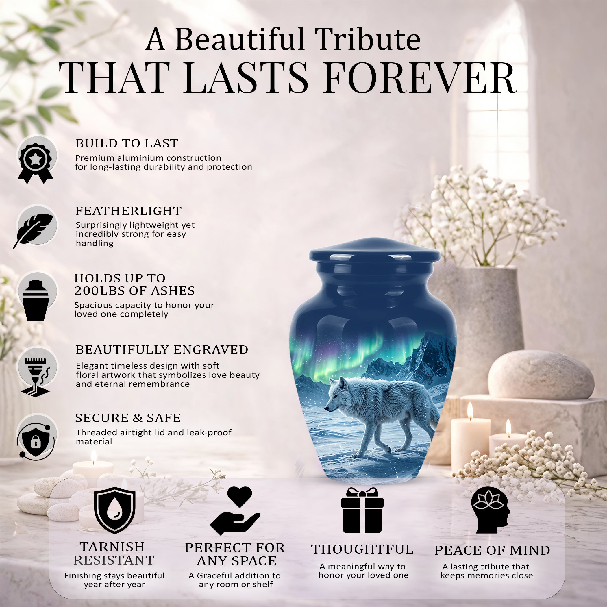 Snowy Wolf Cremation Urn - Northern Light Memorial Urn For Human Ashes