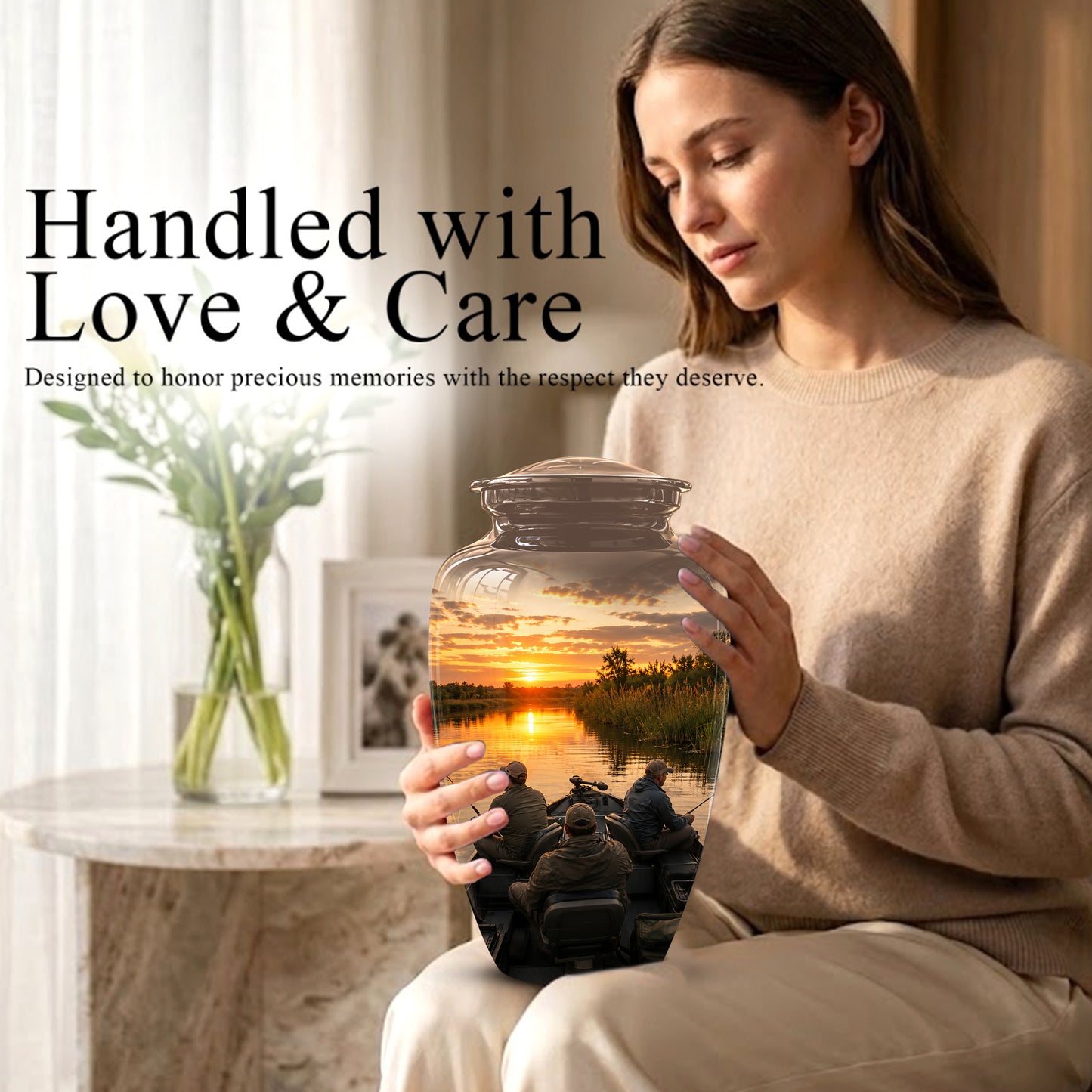 Fisherman Sunset Cremation Urn - Personalized Burial Urns For Ashes