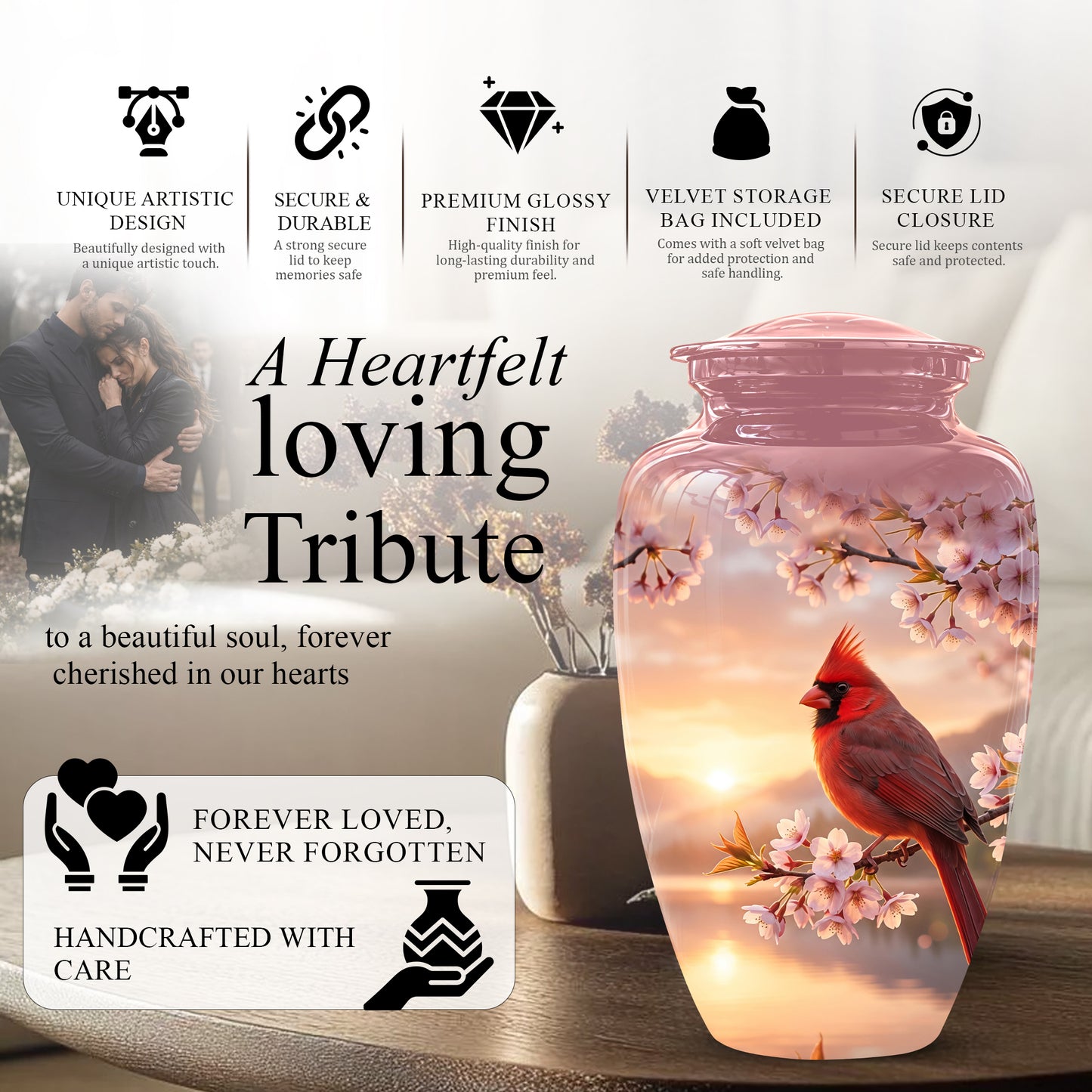 Cardinal Bird Themed Urn - Beautiful Memorial Urns For Spiritual Ashes