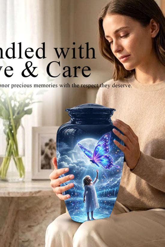 Colorful Butterfly With Girl Child - Beautiful Funeral Urns For Ashes