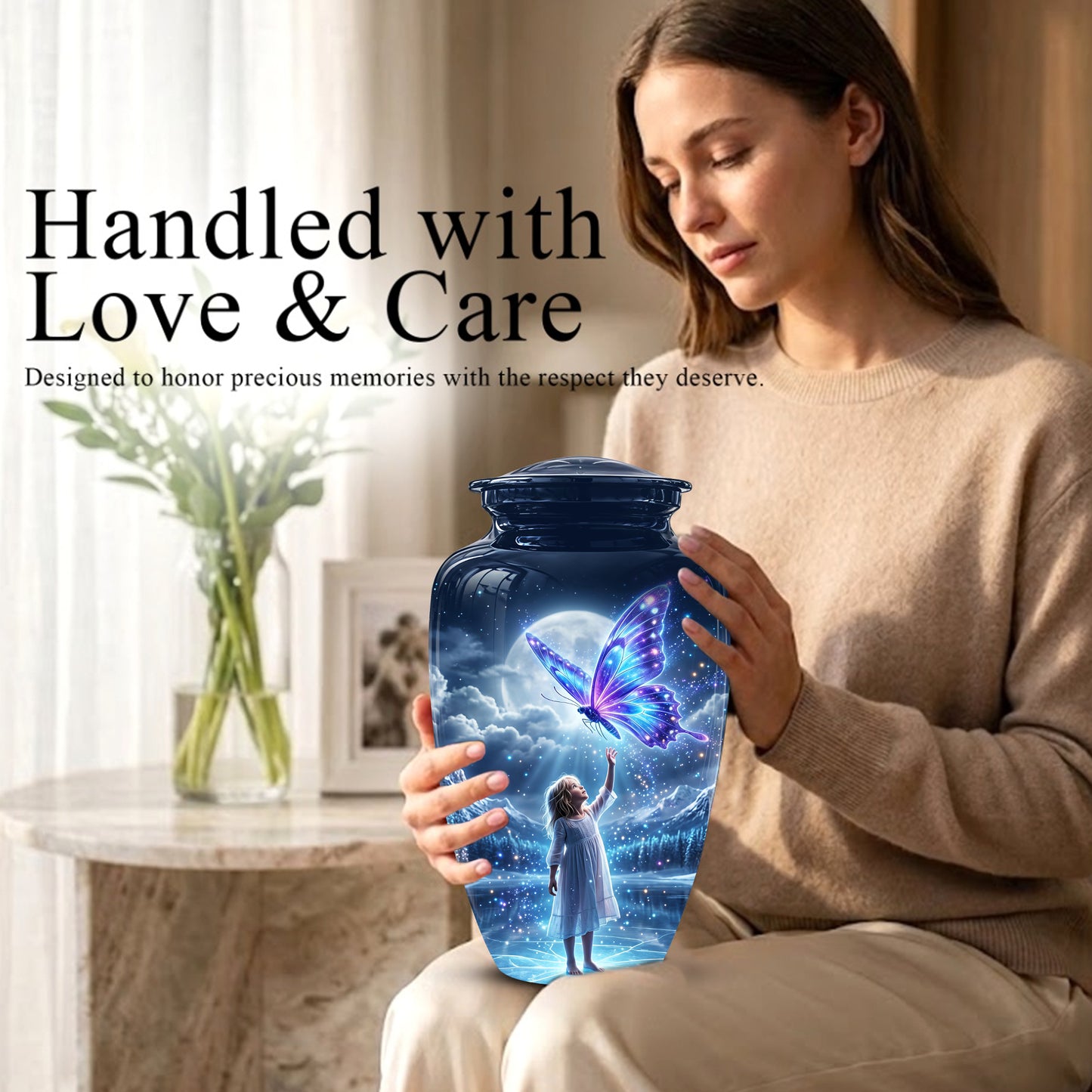 Colorful Butterfly With Girl Child - Beautiful Funeral Urns For Ashes