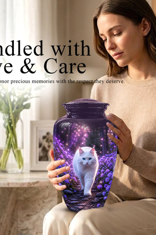 White Cat Cremation Urn - Personalized Burial Urns For Pet Ashes