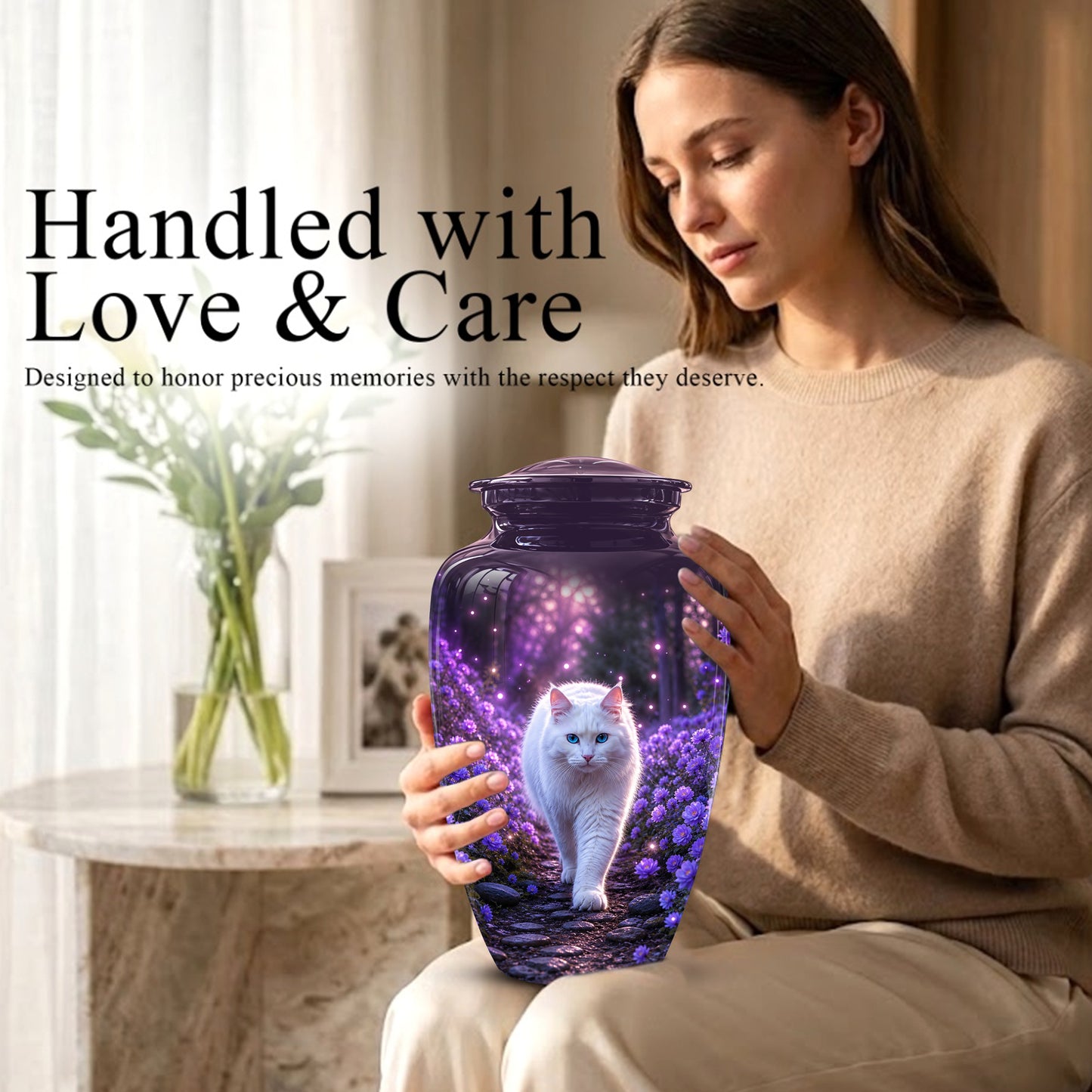 White Cat Cremation Urn - Personalized Burial Urns For Pet Ashes