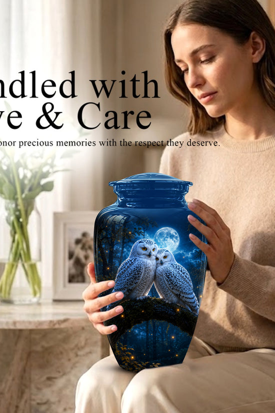 Snowy Owls Cremation Urn - Moonlight Owl Funeral Urns For Human Ashes