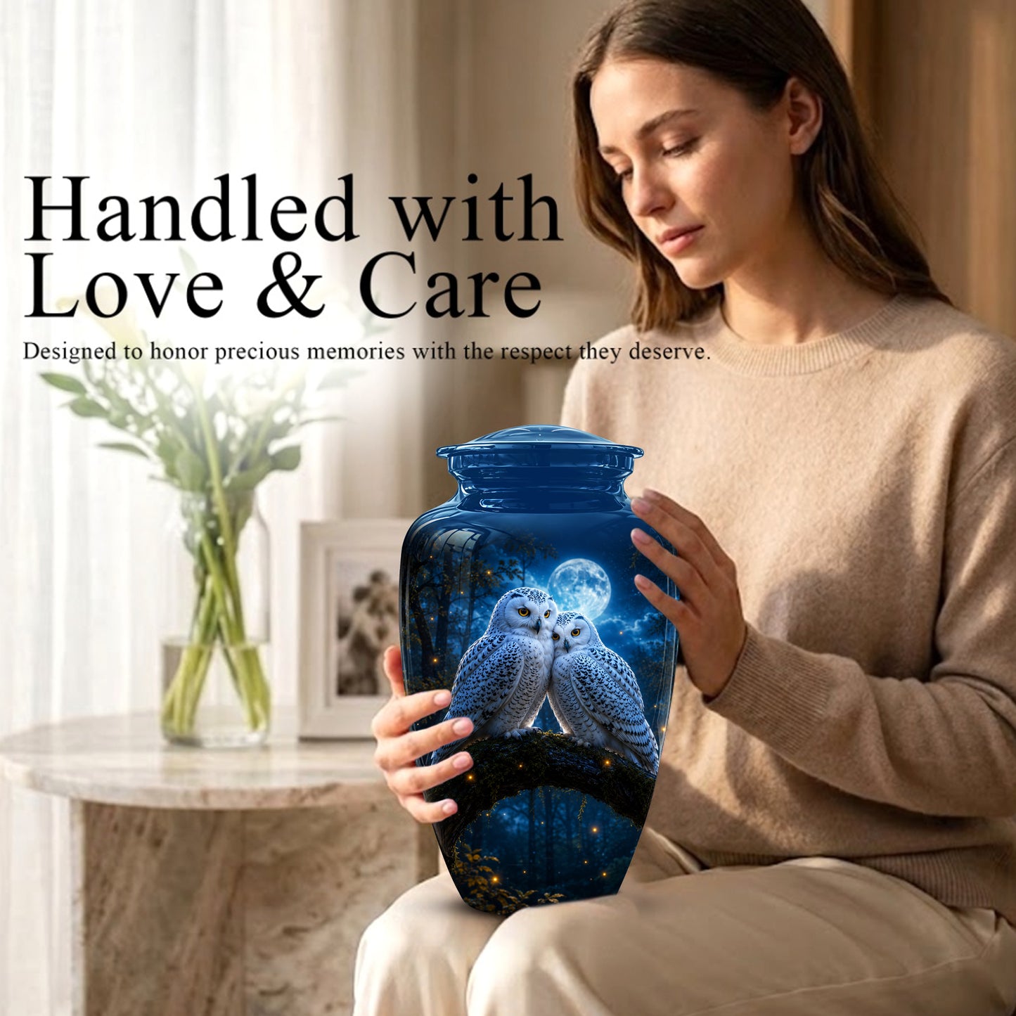 Snowy Owls Cremation Urn - Moonlight Owl Funeral Urns For Human Ashes