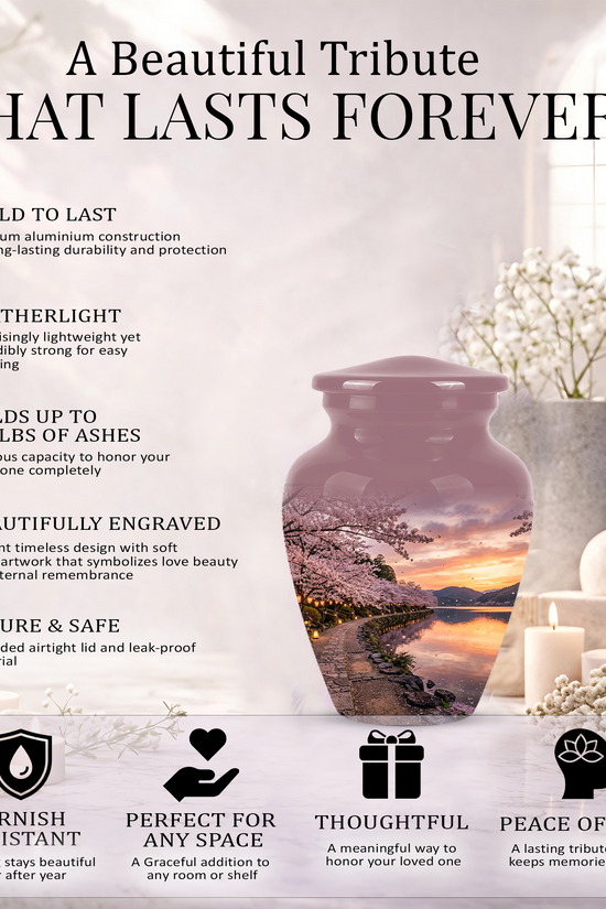 Pink Spring Tree Cremation Urns - Beautiful Nature Sunset Burial Urns