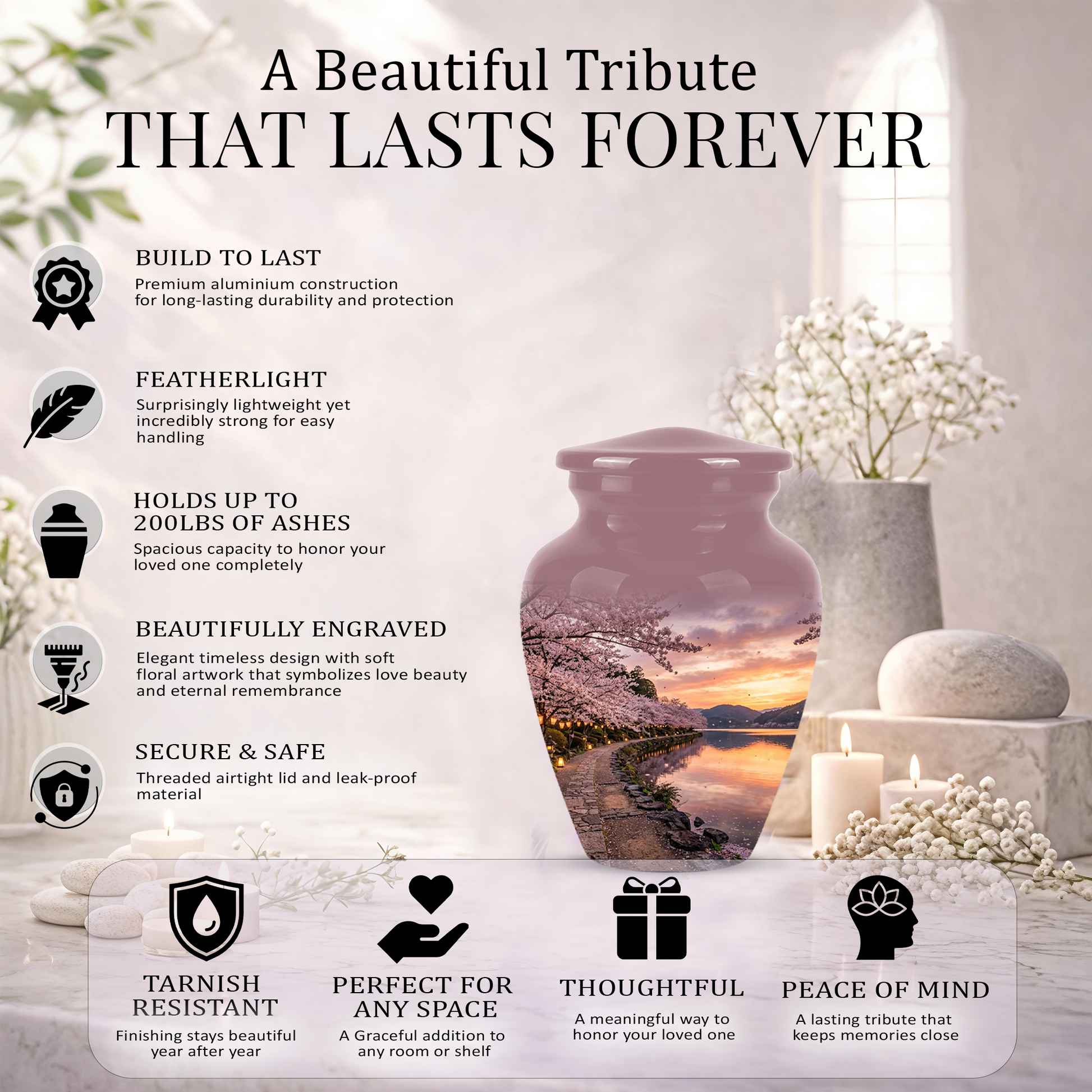 Pink Spring Tree Cremation Urns - Beautiful Nature Sunset Burial Urns