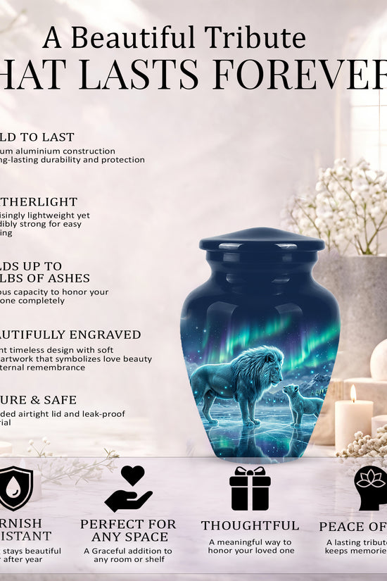 Lion & Cub Aurora Borealis Urn - Personalized Lion Urns For Human Ashes