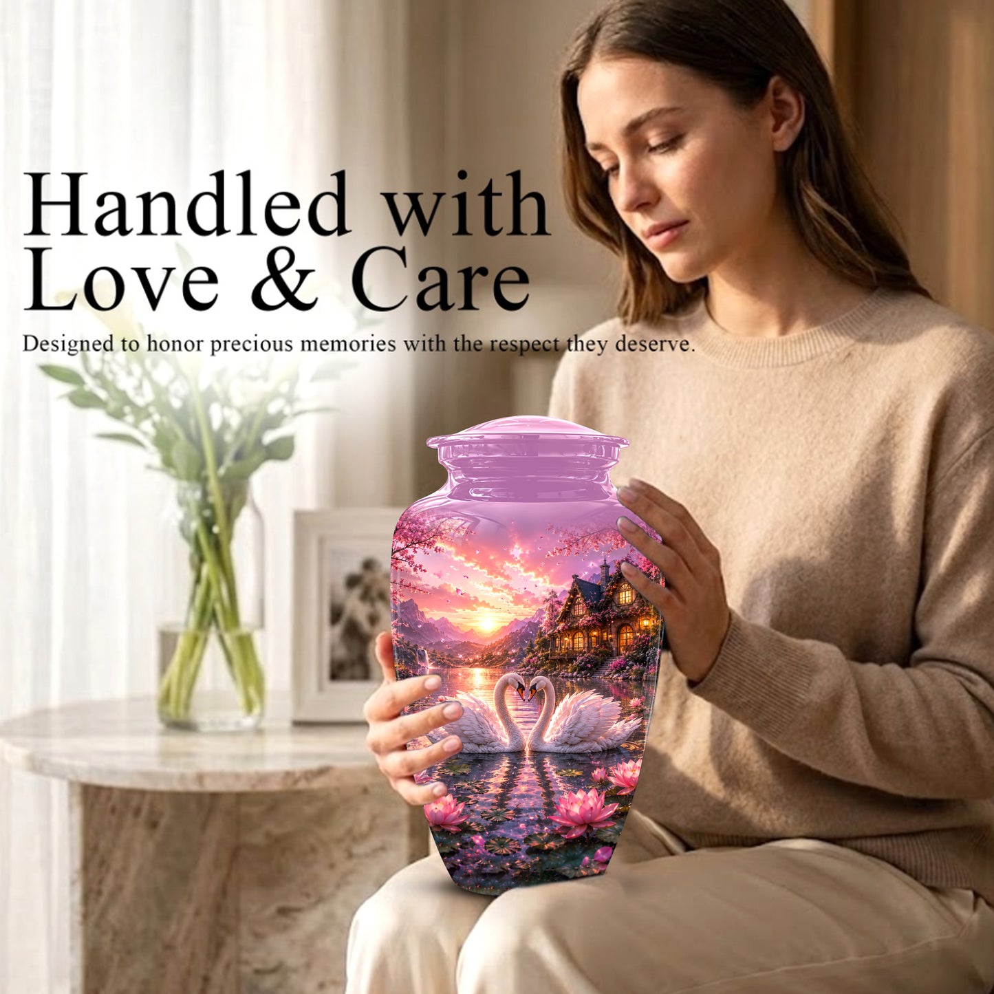 Couple Swan Memorial Urn - Peaceful Classic Urn For Lover's Ashes