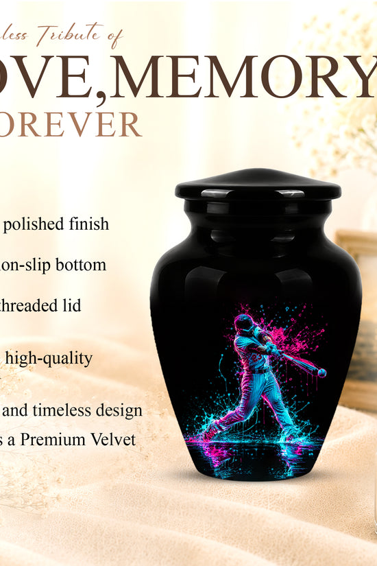 Artistic Baseball Player Funeral Urn - Personalized Black Urns For Ashes